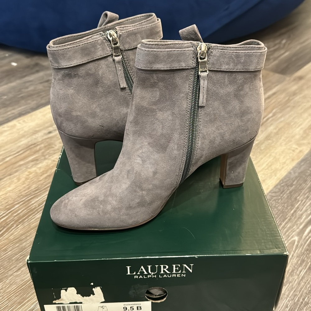 NIB Ralph Lauren grey sheep leather suede heeled ankle boot Brin booties 9.5 * - Picture 9 of 10